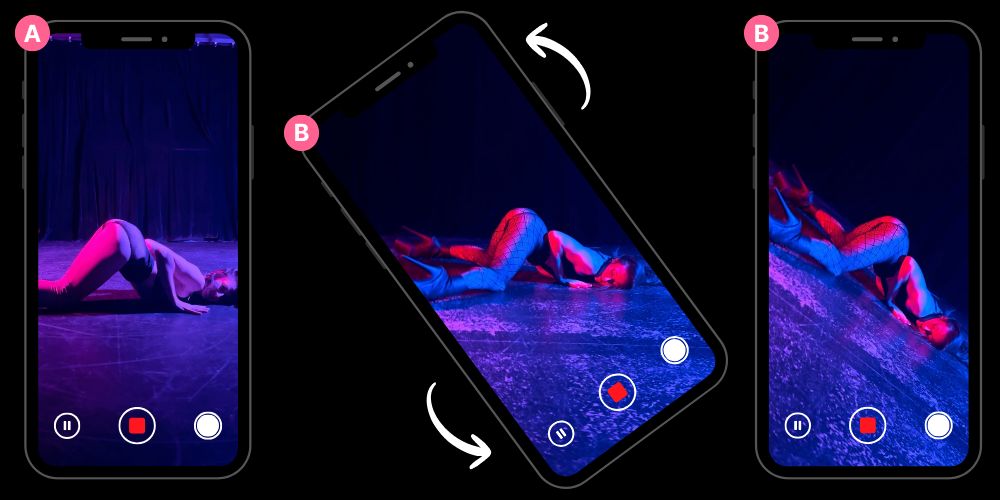 phone images demonstrating how to capture camera angles during a studio dance video