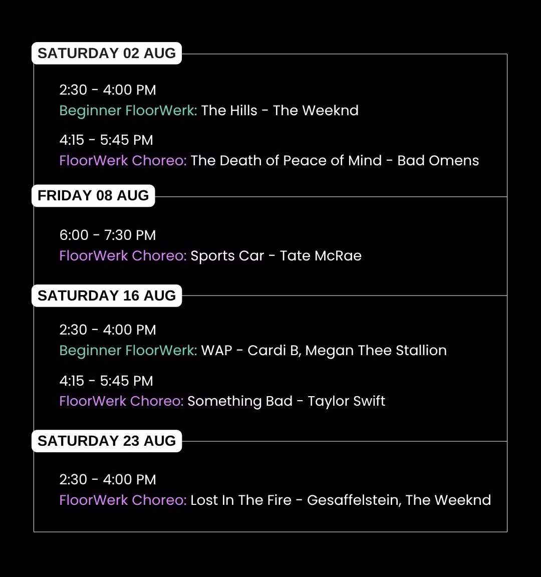 kedron studio august timetable