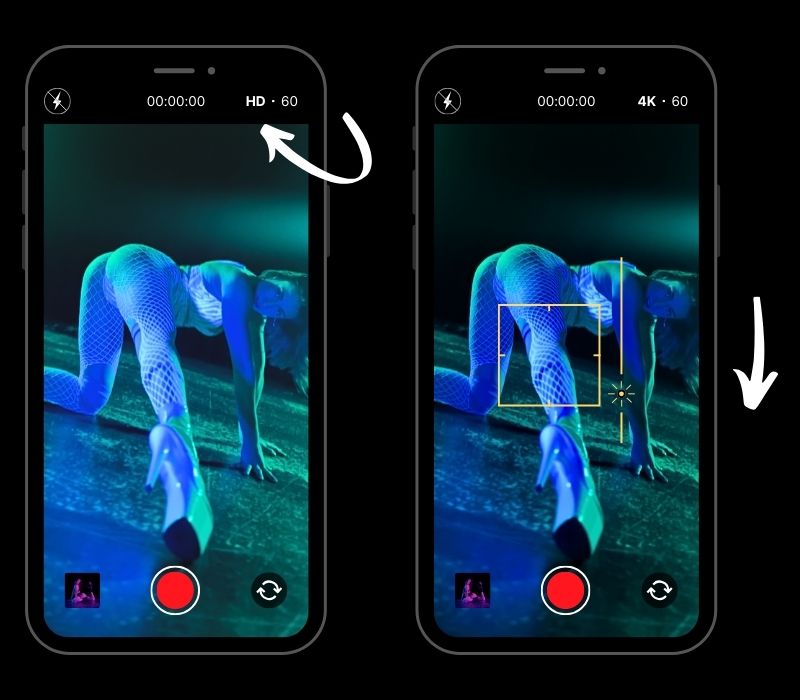 phone images showing how to adjust video camera settings