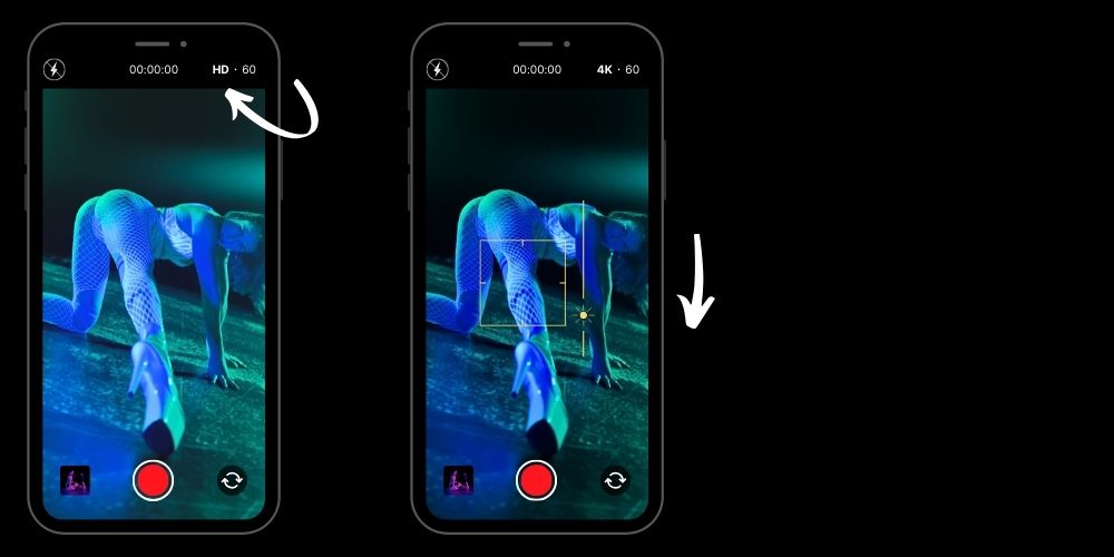 phone images showing how to change video camera settings