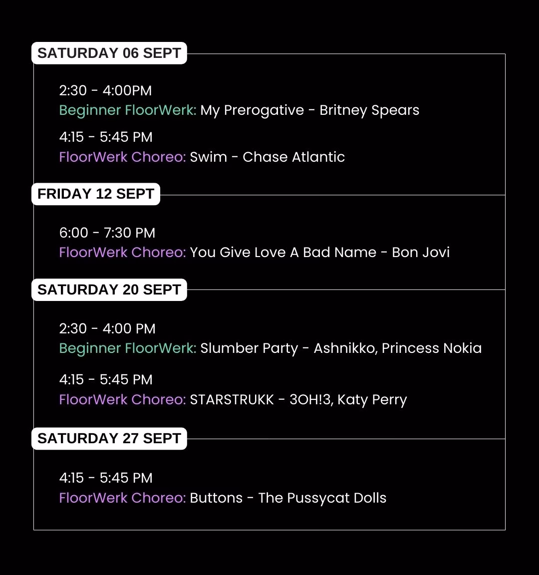 kedron studio class timetable for september