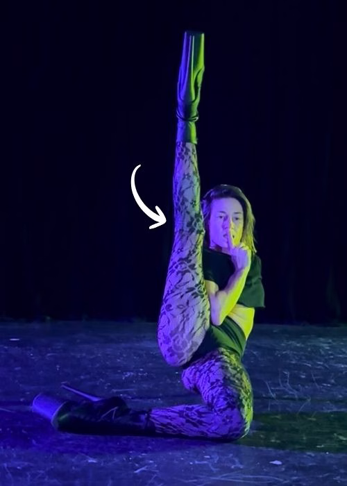 dancer demonstrating a flexible floor dance pole with leg in the air wearing floral fishnets