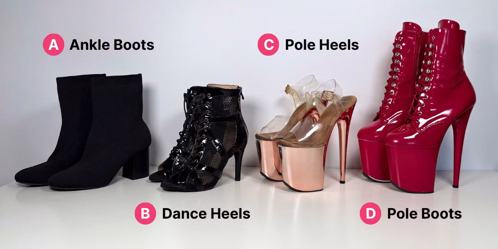 four example styles of dance heels suitable for floorwork
